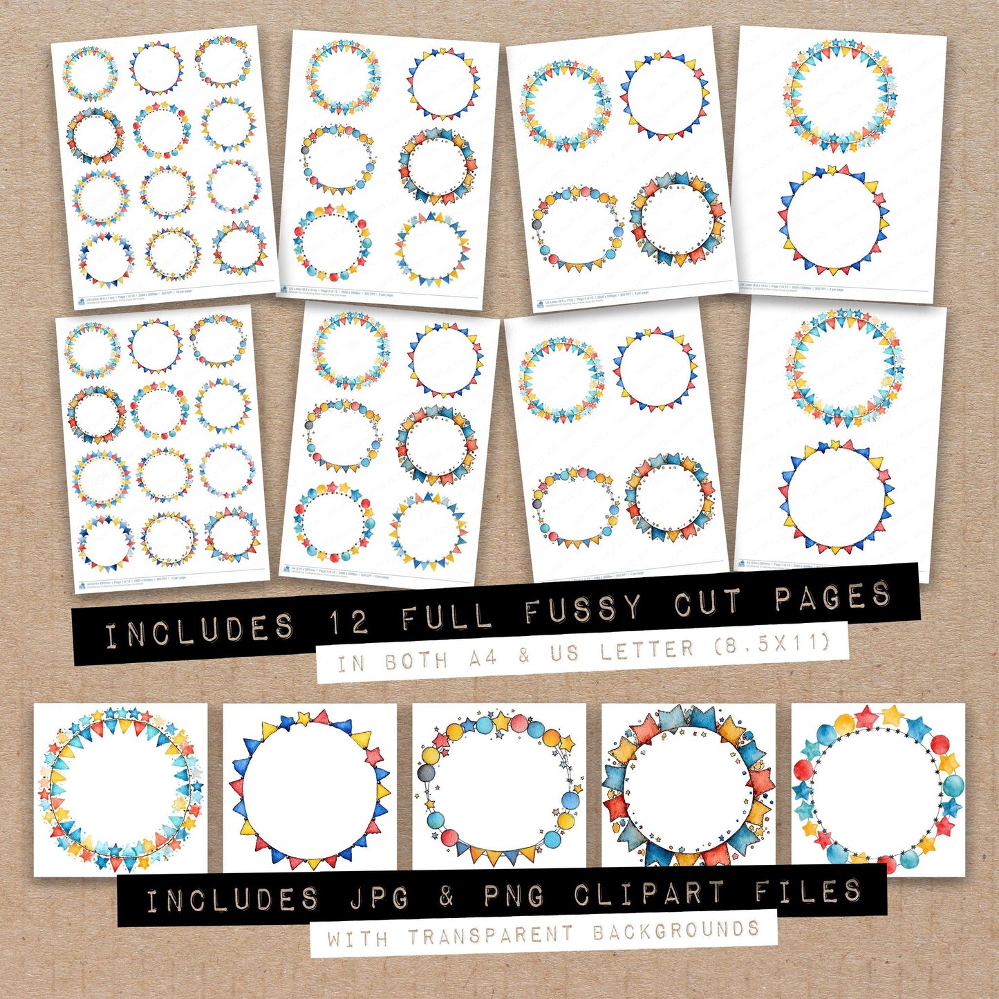 Full collection view of Bunting Stars Frame fussy cut sheets with bonus clipart JPG and PNG files