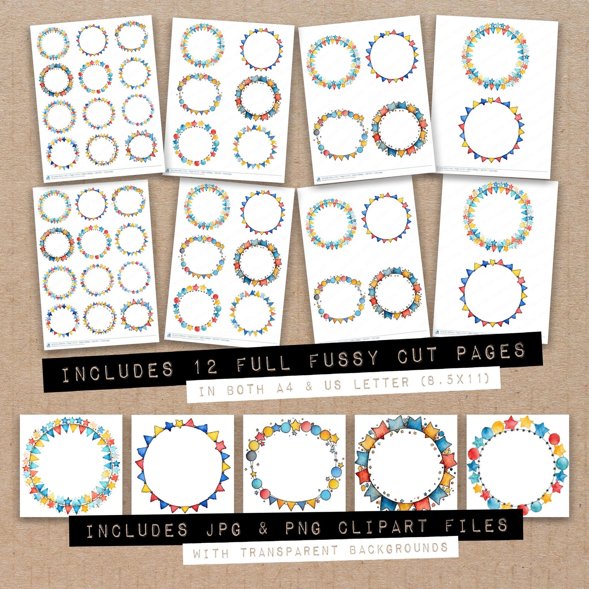 Full collection view of Bunting Stars Frame fussy cut sheets with bonus clipart JPG and PNG files