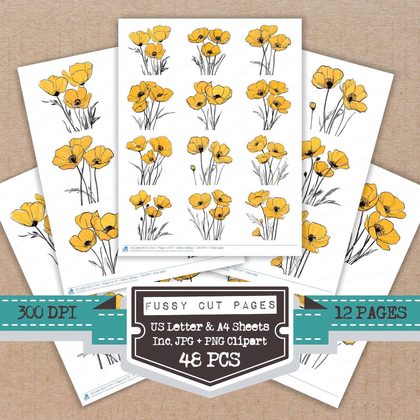 Buttercup Yellow Abstract Flowers fussy cut printable sheets for junk journaling, scrapbooking, and paper craft projects