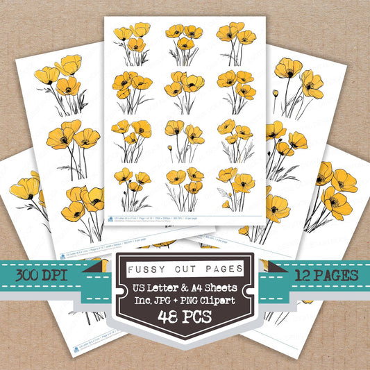 Buttercup Yellow Abstract Flowers fussy cut printable sheets for junk journaling, scrapbooking, and paper craft projects