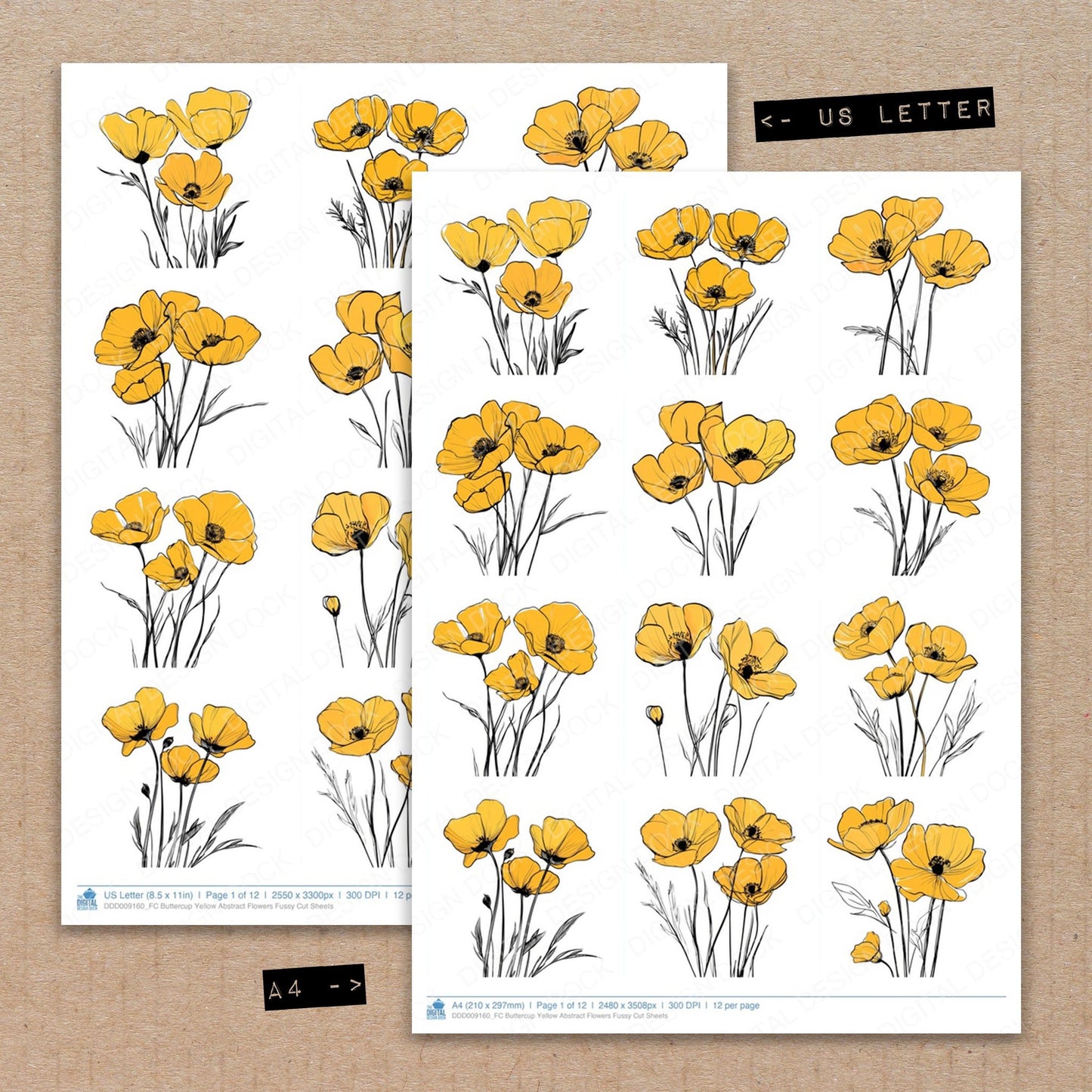 A4 and US Letter format comparison showing Buttercup Yellow Abstract Flowers fussy cut pages for print and cut crafting
