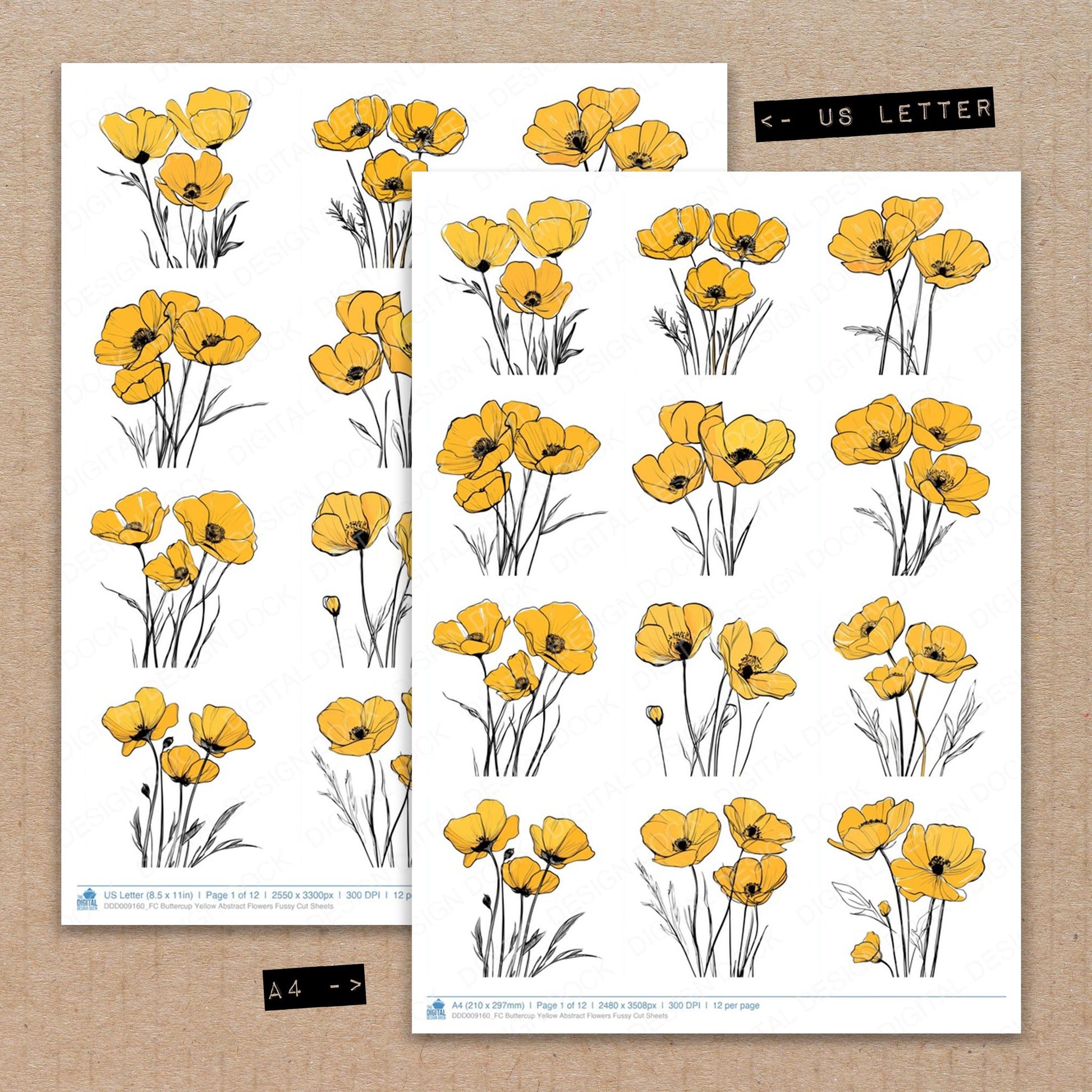 A4 and US Letter format comparison showing Buttercup Yellow Abstract Flowers fussy cut pages for print and cut crafting