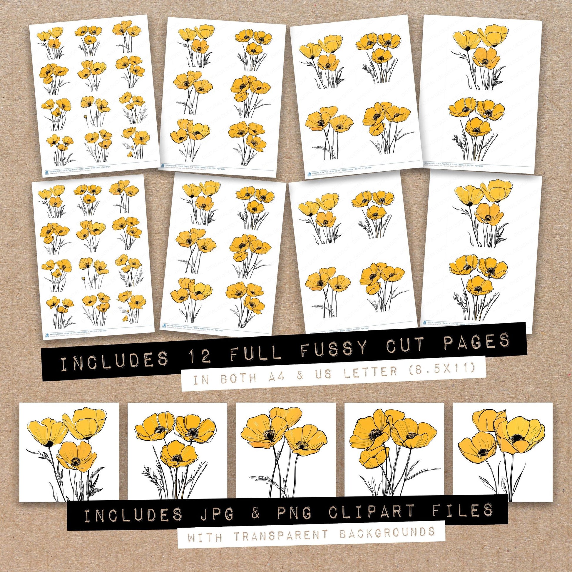 Full collection view of Buttercup Yellow Abstract Flowers fussy cut sheets with bonus clipart JPG and PNG files