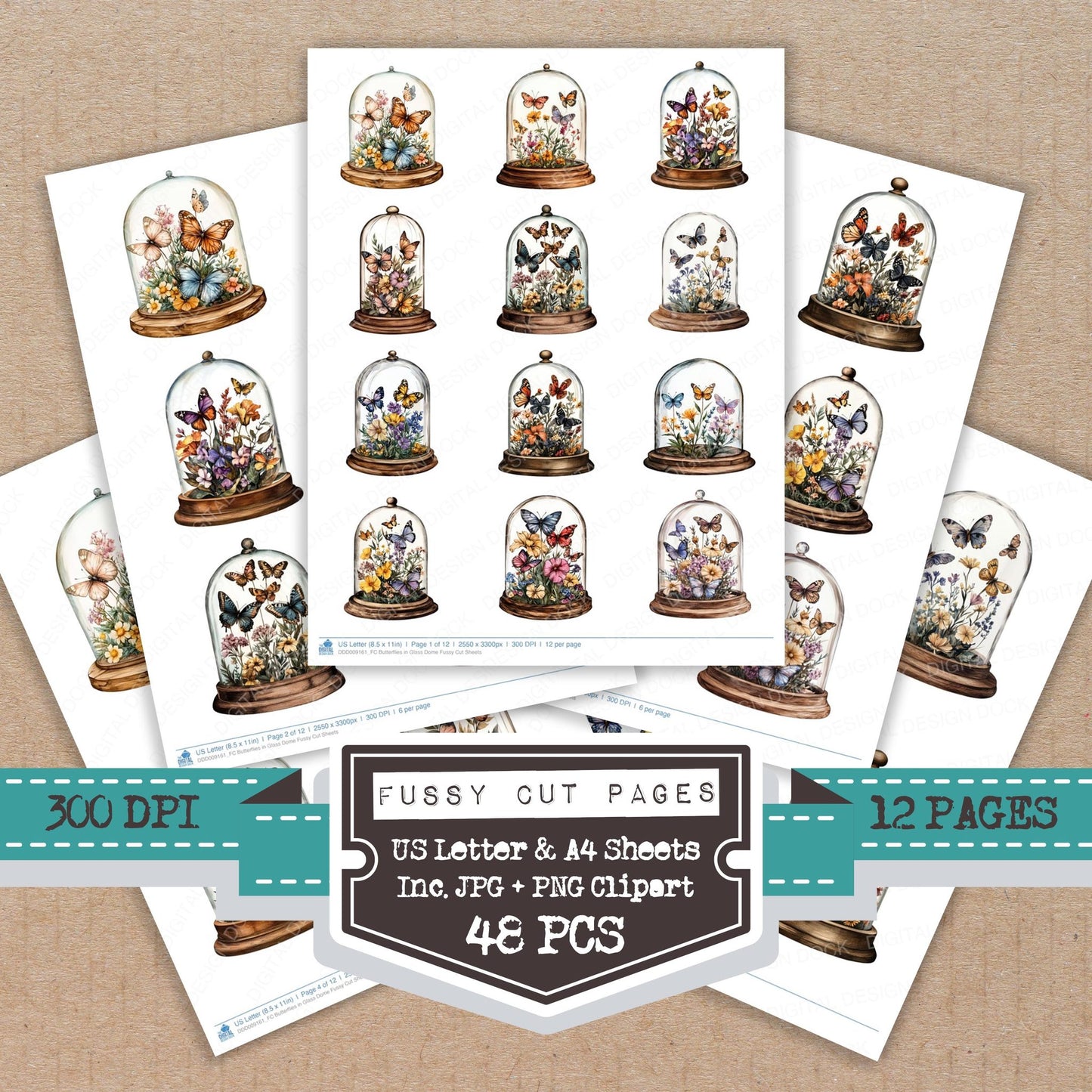 Butterflies in Glass Dome fussy cut printable sheets for junk journaling, scrapbooking, and paper craft projects
