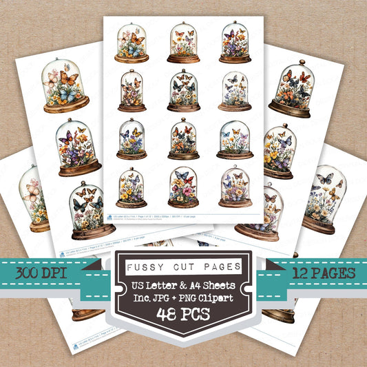 Butterflies in Glass Dome fussy cut printable sheets for junk journaling, scrapbooking, and paper craft projects