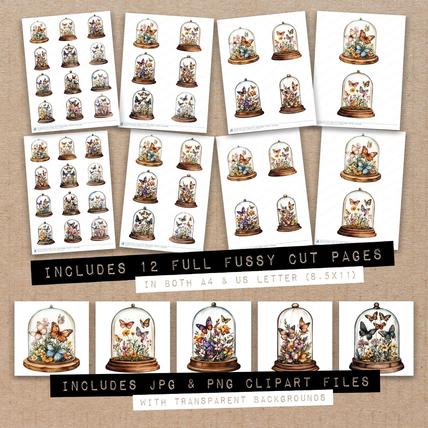 Full collection view of Butterflies in Glass Dome fussy cut sheets with bonus clipart JPG and PNG files