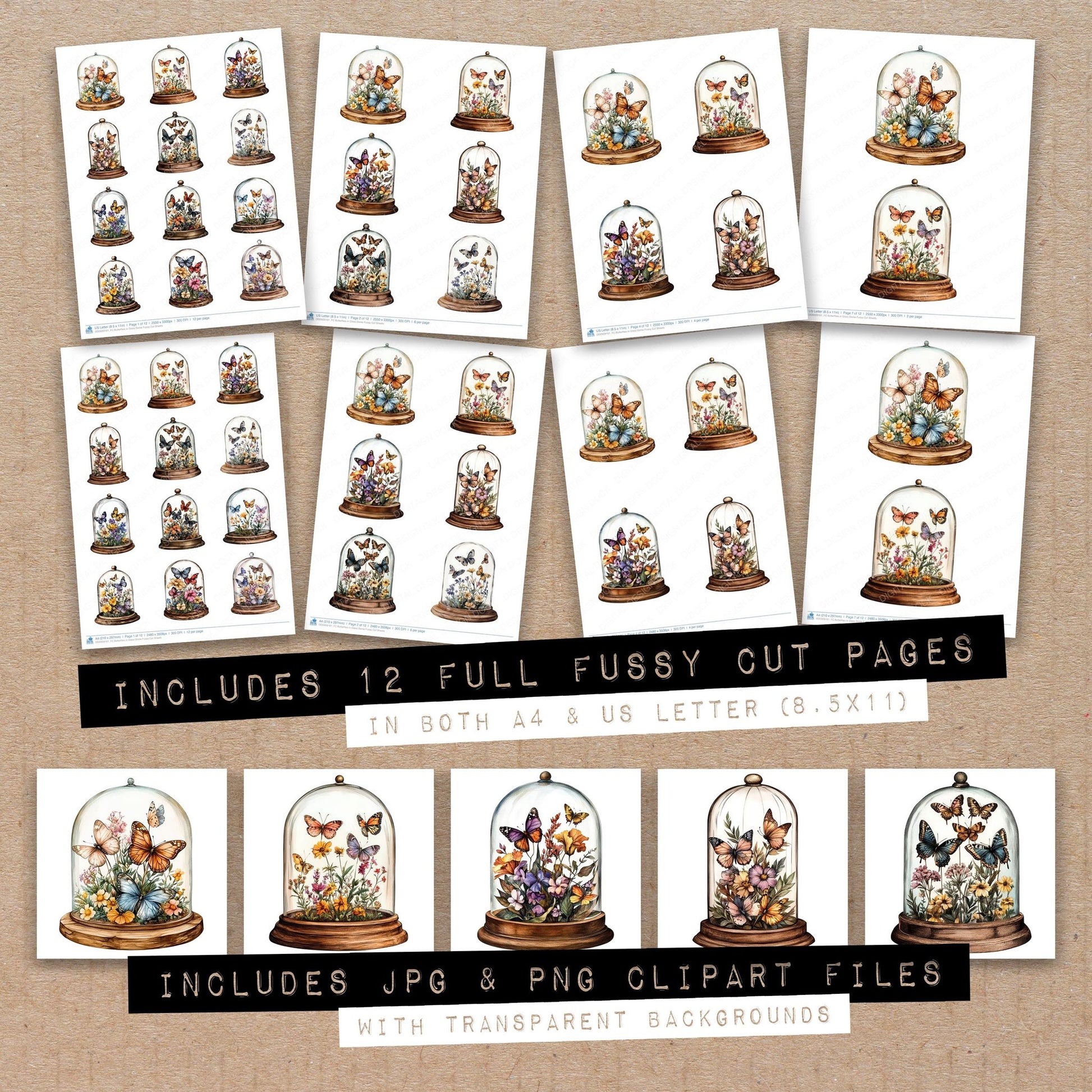 Full collection view of Butterflies in Glass Dome fussy cut sheets with bonus clipart JPG and PNG files