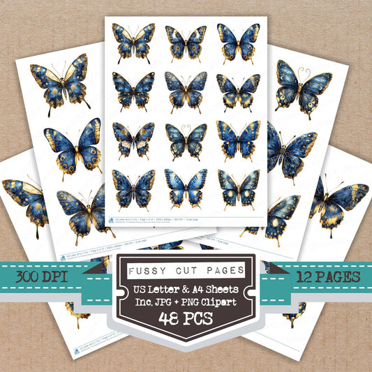 Butterfly Baroque Blue and Gold fussy cut printable sheets for junk journaling, scrapbooking, and paper craft projects