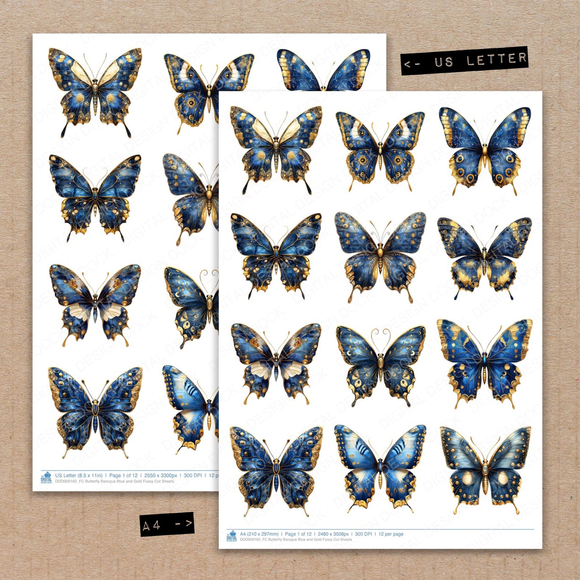 A4 and US Letter format comparison showing Butterfly Baroque Blue and Gold fussy cut pages for print and cut crafting