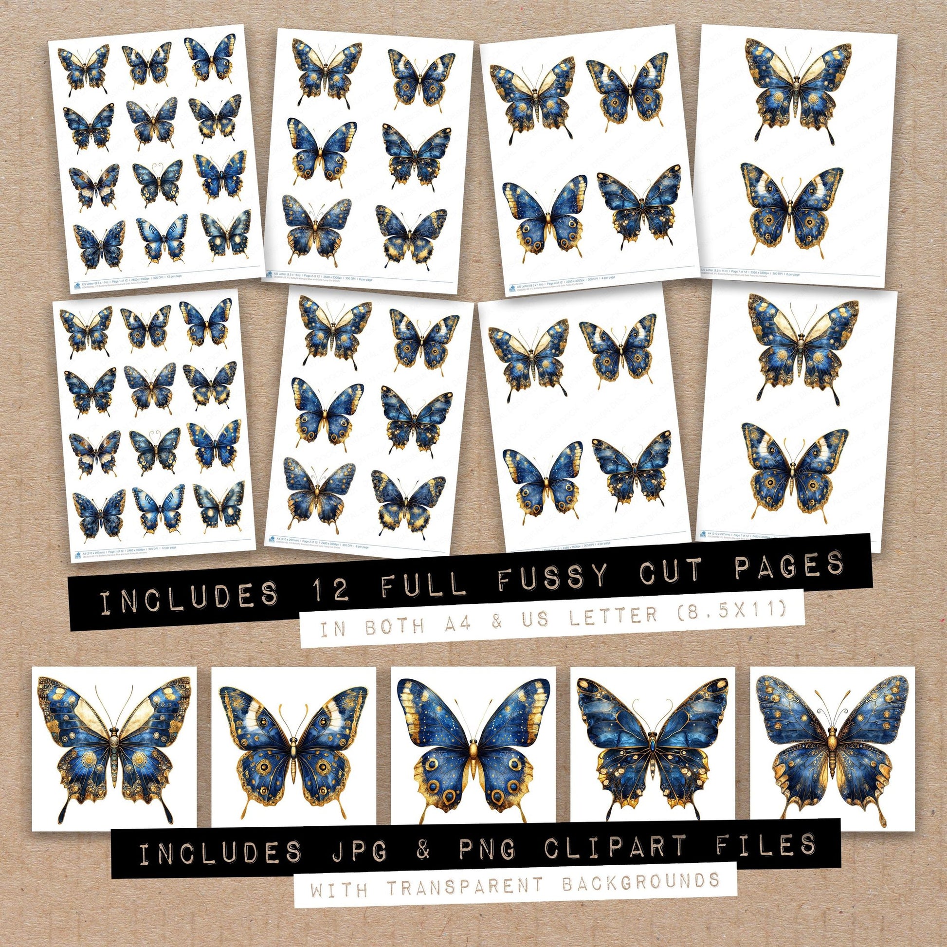 Full collection view of Butterfly Baroque Blue and Gold fussy cut sheets with bonus clipart JPG and PNG files
