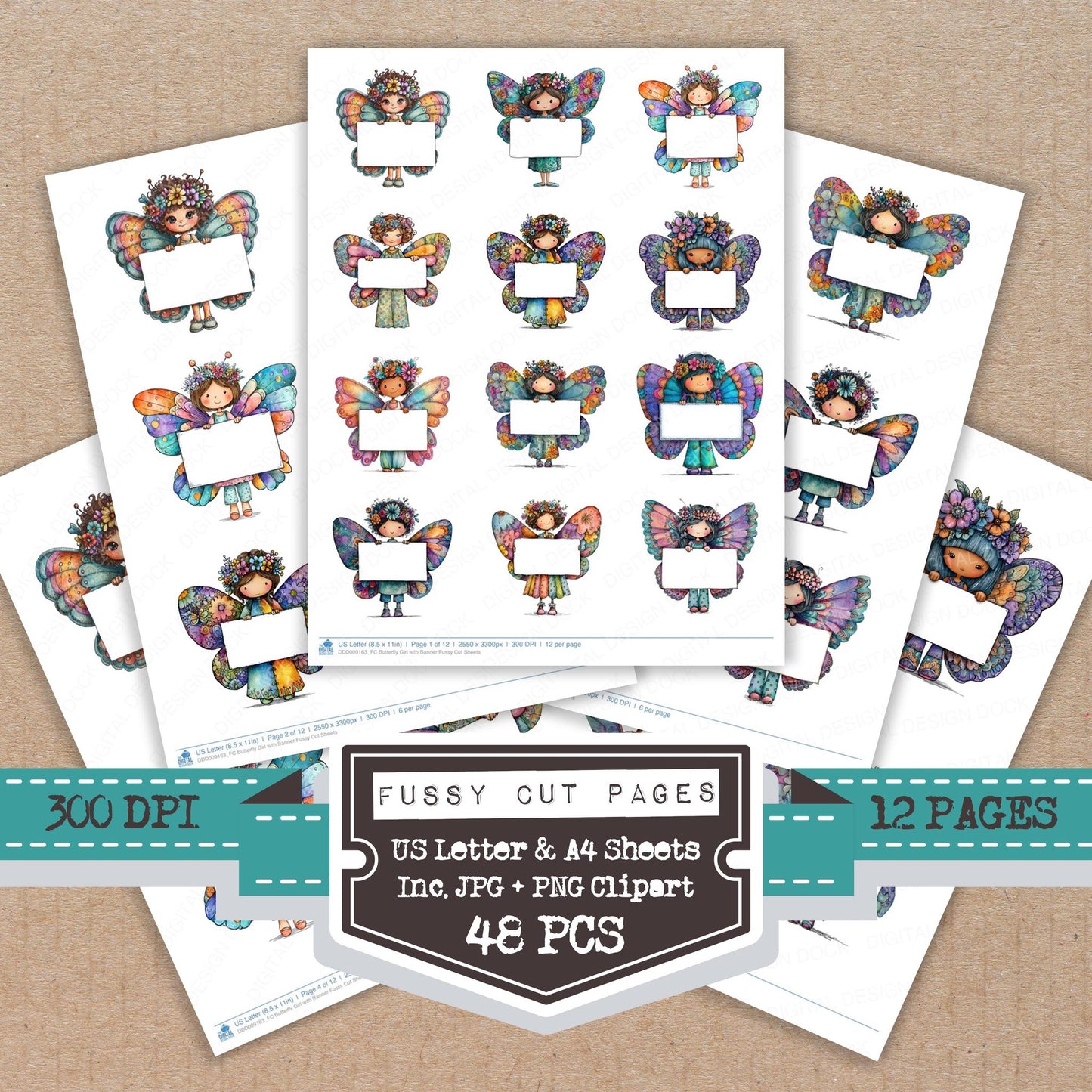 Butterfly Girl with Banner fussy cut printable sheets for junk journaling, scrapbooking, and paper craft projects