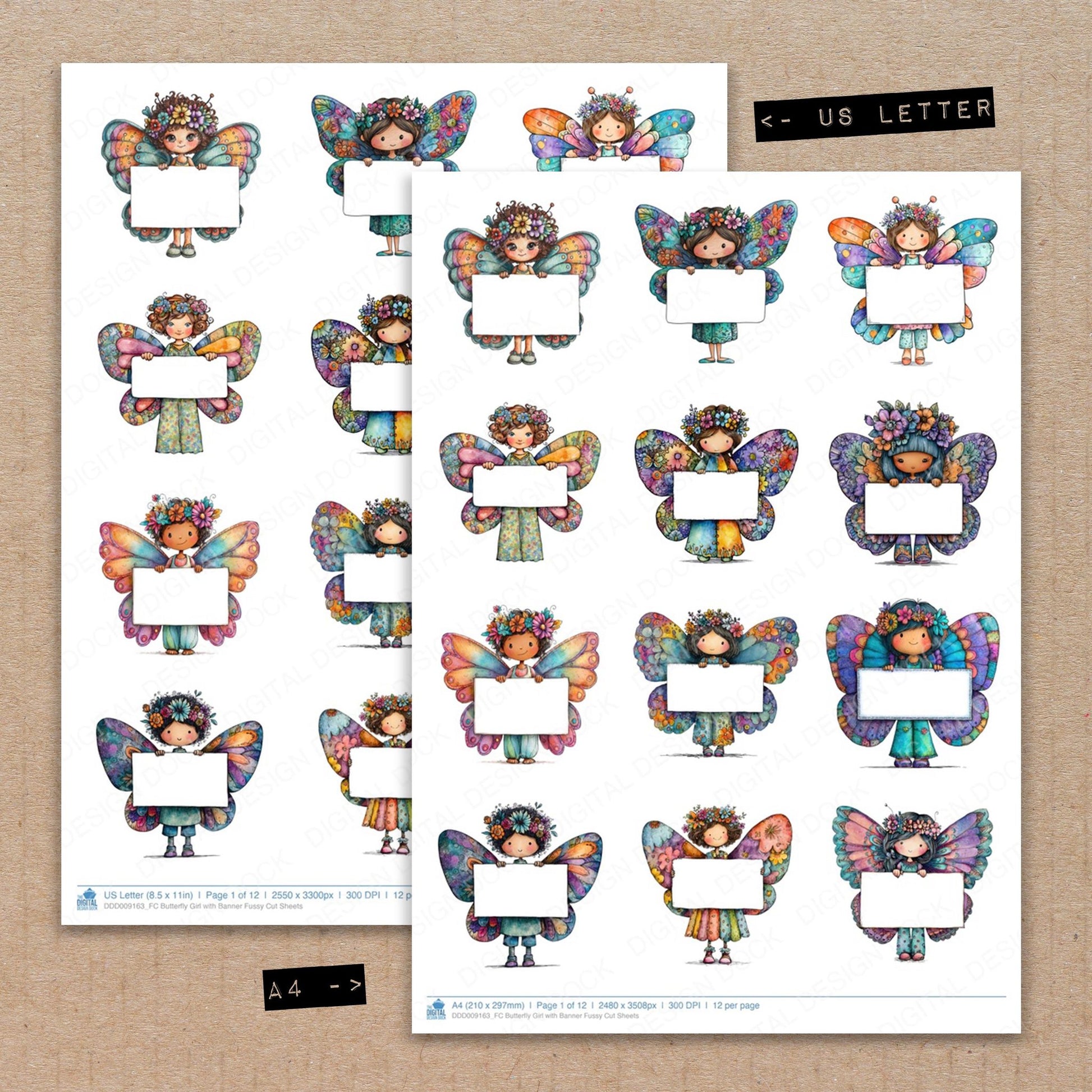 A4 and US Letter format comparison showing Butterfly Girl with Banner fussy cut pages for print and cut crafting