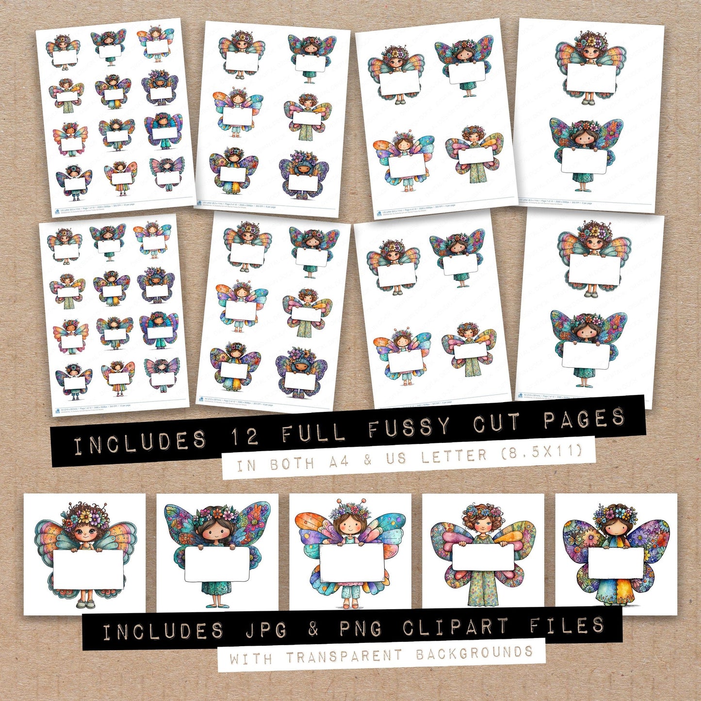Full collection view of Butterfly Girl with Banner fussy cut sheets with bonus clipart JPG and PNG files