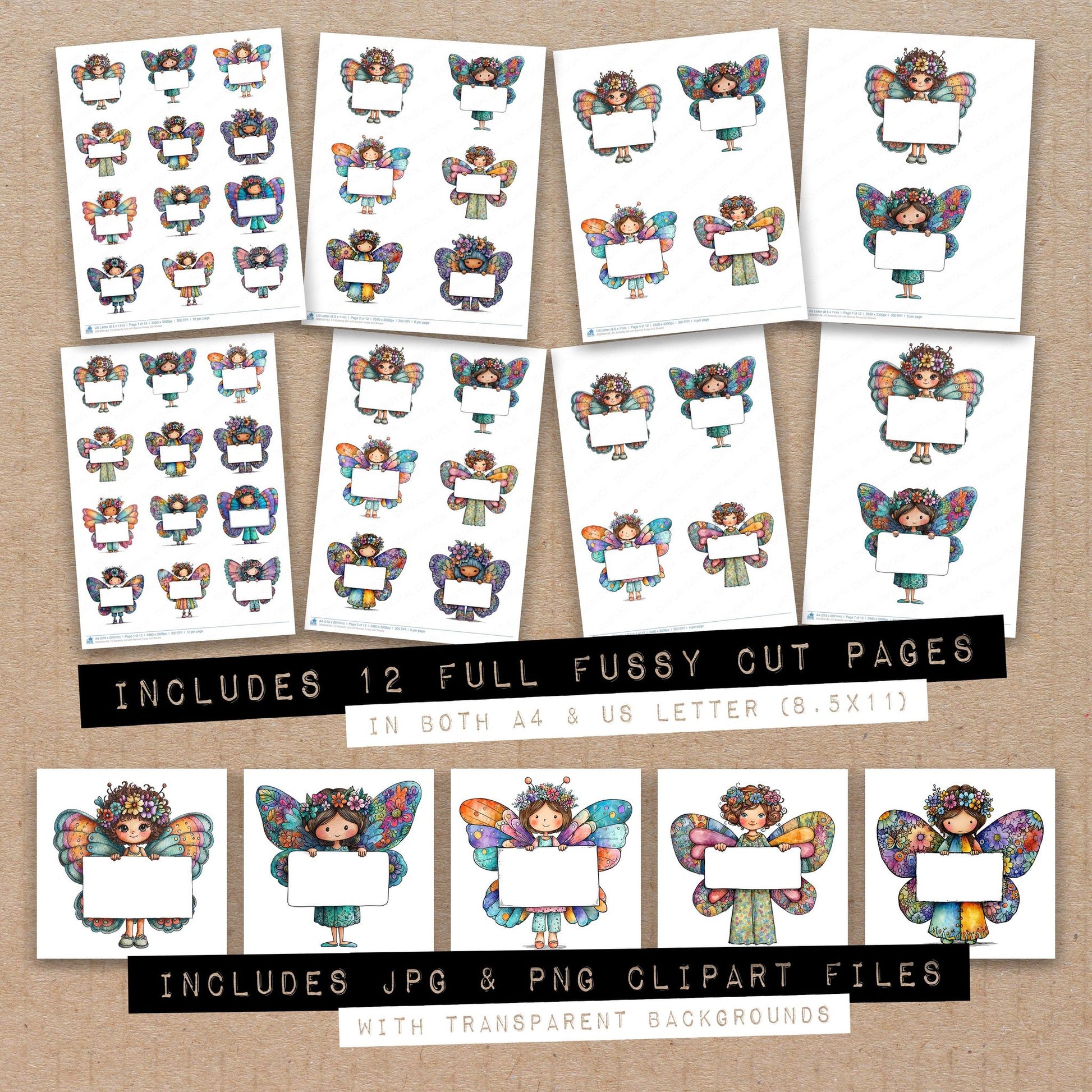 Full collection view of Butterfly Girl with Banner fussy cut sheets with bonus clipart JPG and PNG files