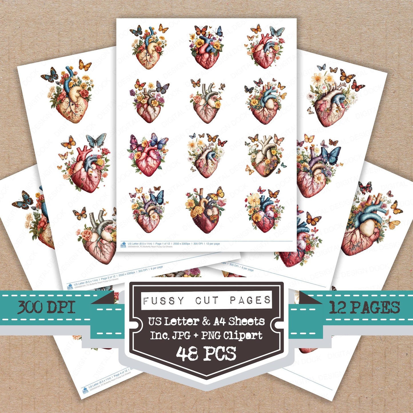 Butterfly Heart fussy cut printable sheets for junk journaling, scrapbooking, and paper craft projects