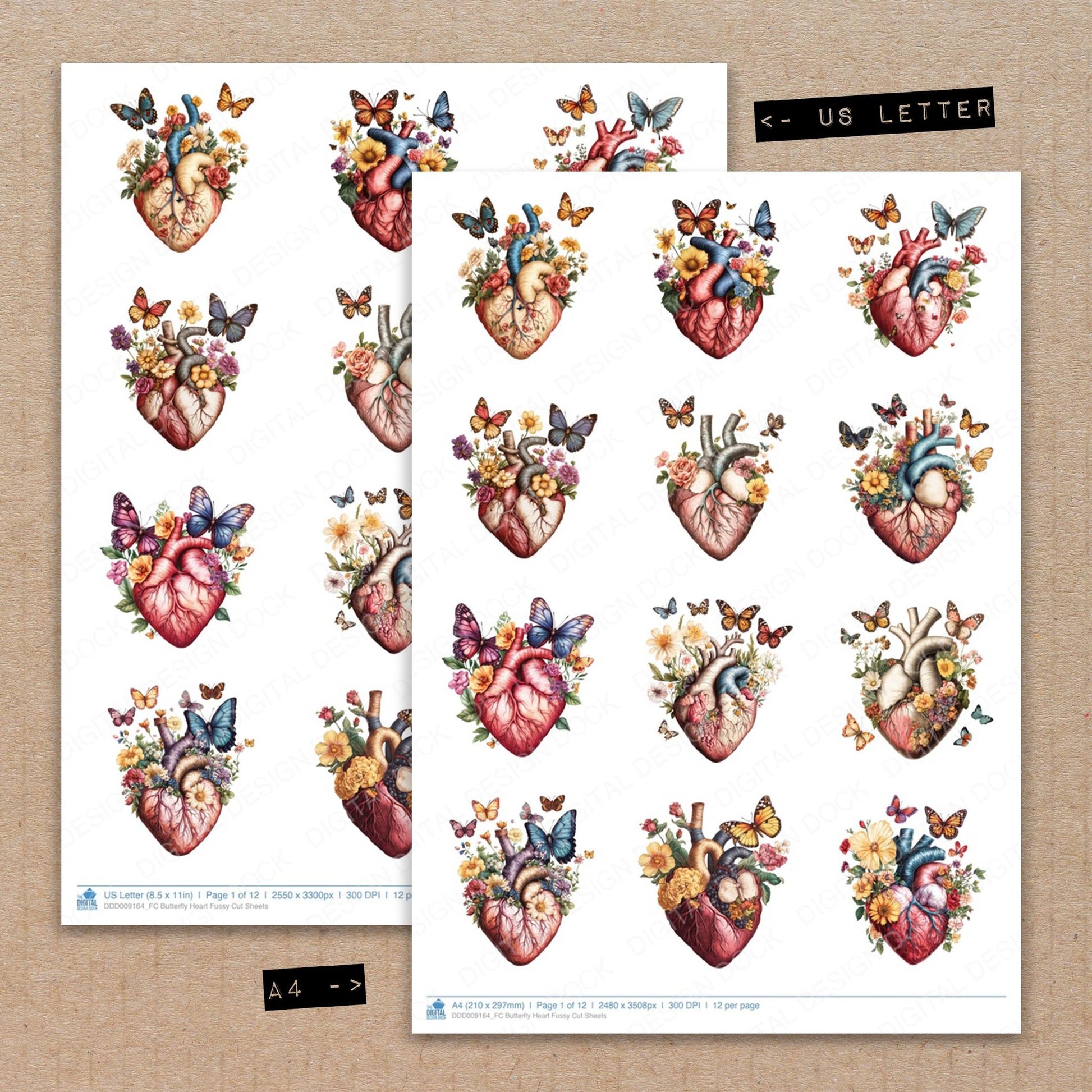 A4 and US Letter format comparison showing Butterfly Heart fussy cut pages for print and cut crafting