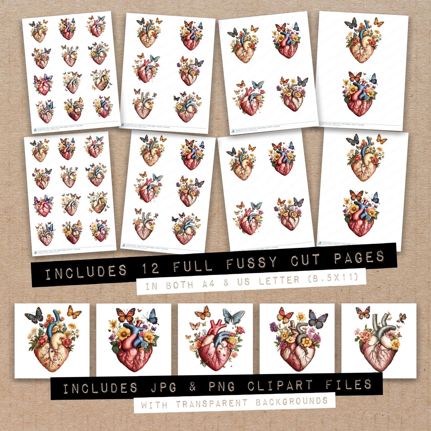 Full collection view of Butterfly Heart fussy cut sheets with bonus clipart JPG and PNG files