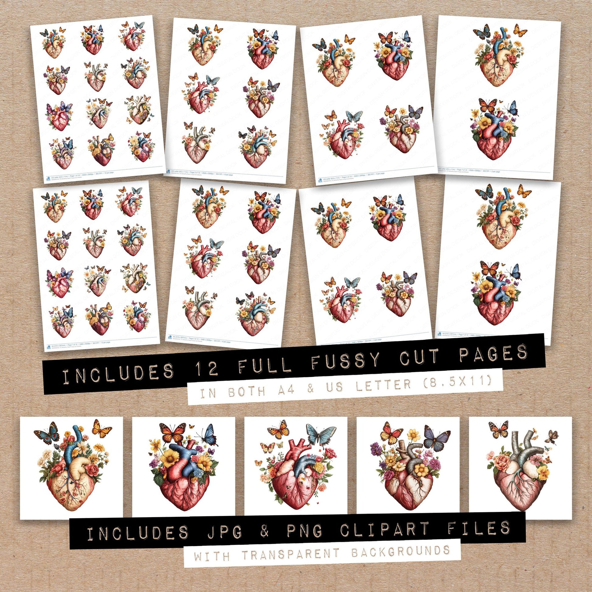 Full collection view of Butterfly Heart fussy cut sheets with bonus clipart JPG and PNG files