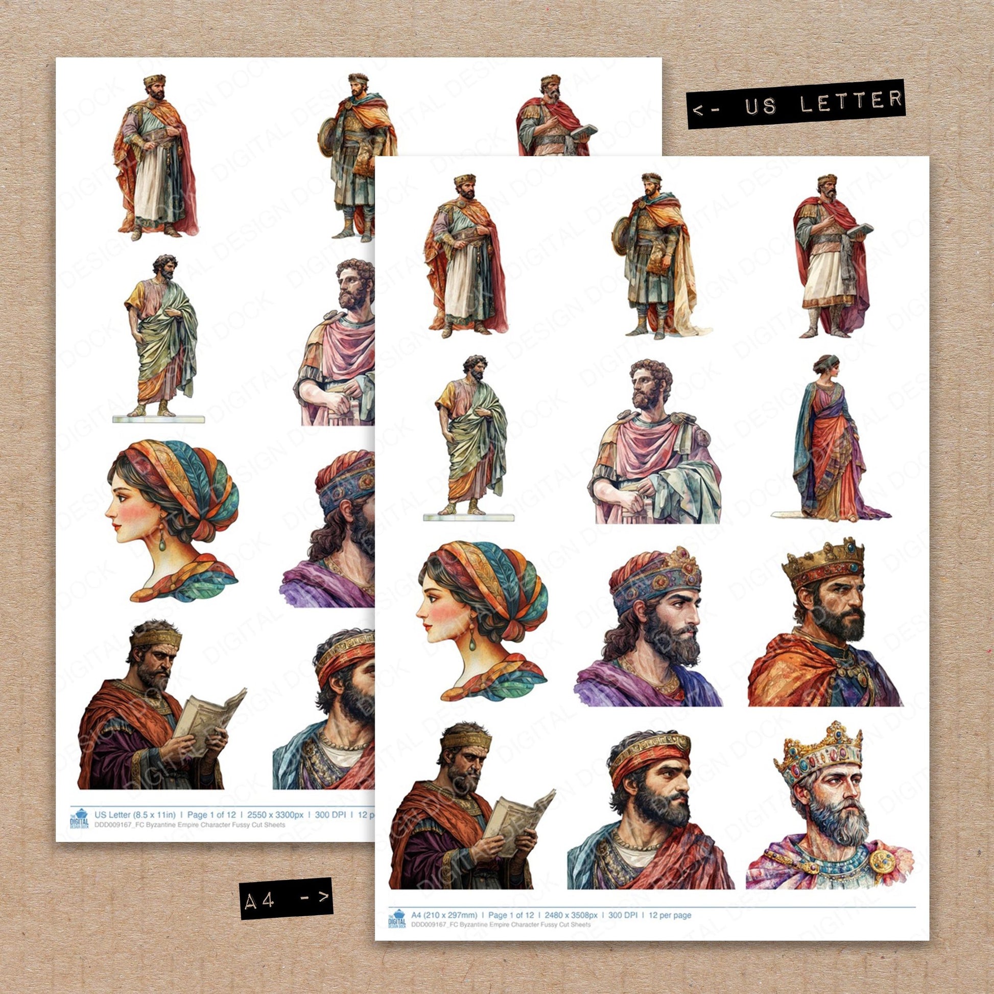 A4 and US Letter format comparison showing Byzantine Empire Character fussy cut pages for print and cut crafting
