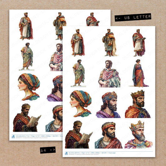 A4 and US Letter format comparison showing Byzantine Empire Character fussy cut pages for print and cut crafting