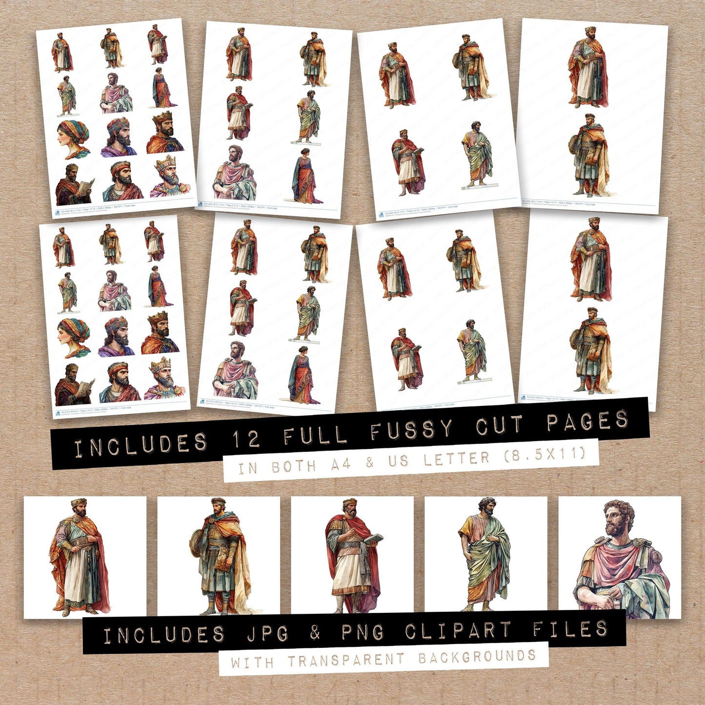 Full collection view of Byzantine Empire Character fussy cut sheets with bonus clipart JPG and PNG files
