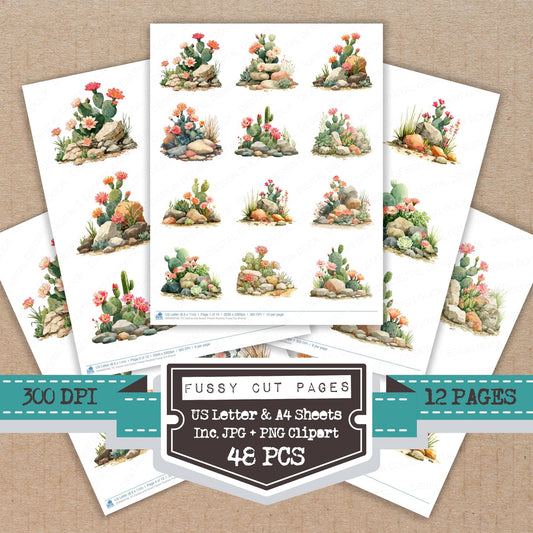 Cactus and Desert Flower Rockery fussy cut printable sheets for junk journaling, scrapbooking, and paper craft projects