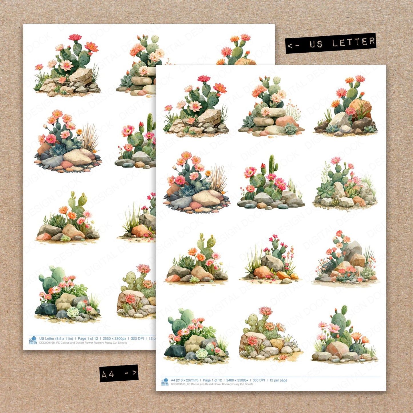 A4 and US Letter format comparison showing Cactus and Desert Flower Rockery fussy cut pages for print and cut crafting