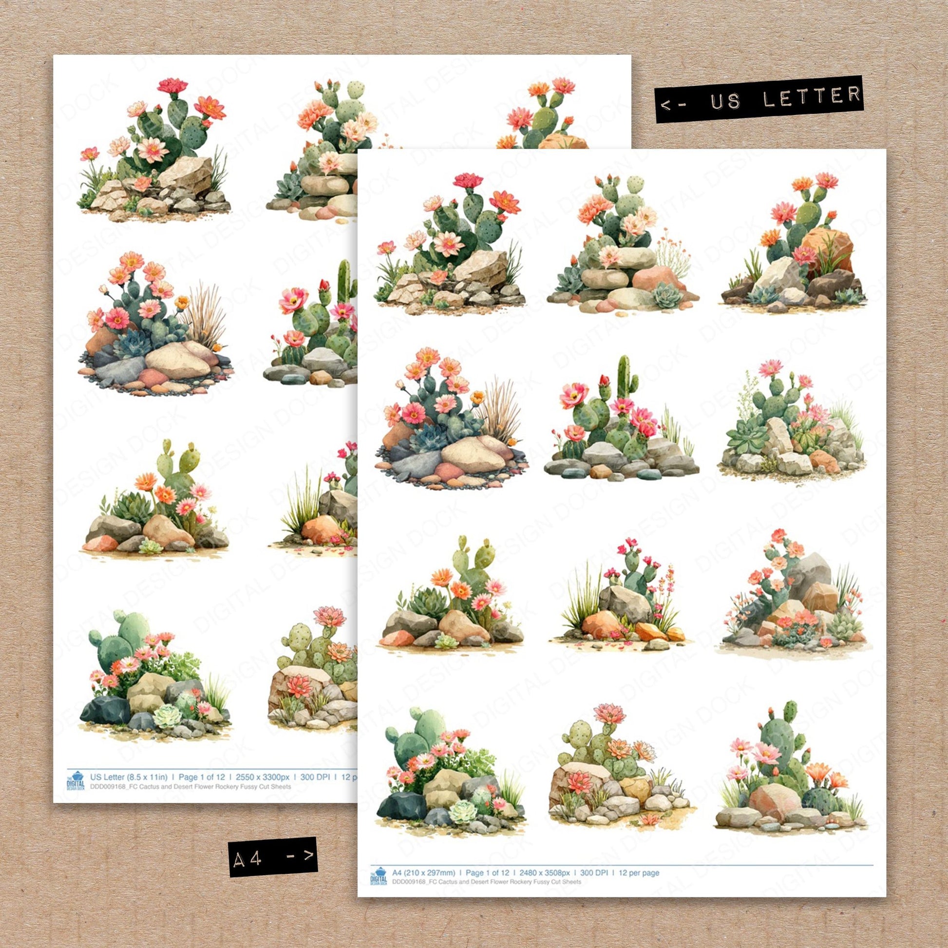 A4 and US Letter format comparison showing Cactus and Desert Flower Rockery fussy cut pages for print and cut crafting