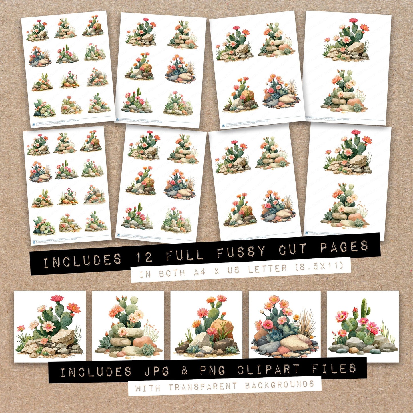 Full collection view of Cactus and Desert Flower Rockery fussy cut sheets with bonus clipart JPG and PNG files