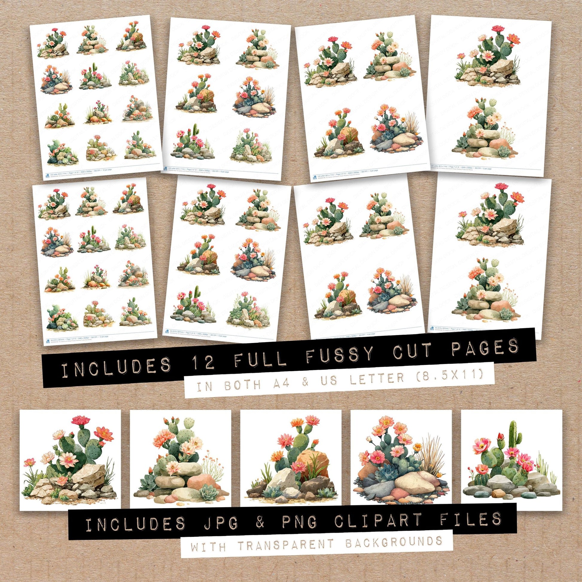 Full collection view of Cactus and Desert Flower Rockery fussy cut sheets with bonus clipart JPG and PNG files
