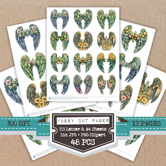 Cactus Angel Wings fussy cut printable sheets for junk journaling, scrapbooking, and paper craft projects