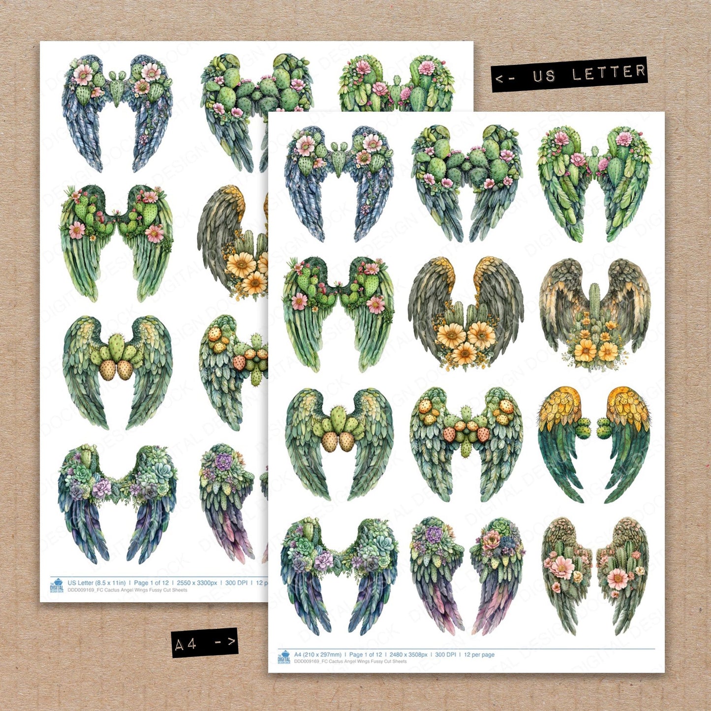 A4 and US Letter format comparison showing Cactus Angel Wings fussy cut pages for print and cut crafting