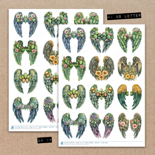 A4 and US Letter format comparison showing Cactus Angel Wings fussy cut pages for print and cut crafting