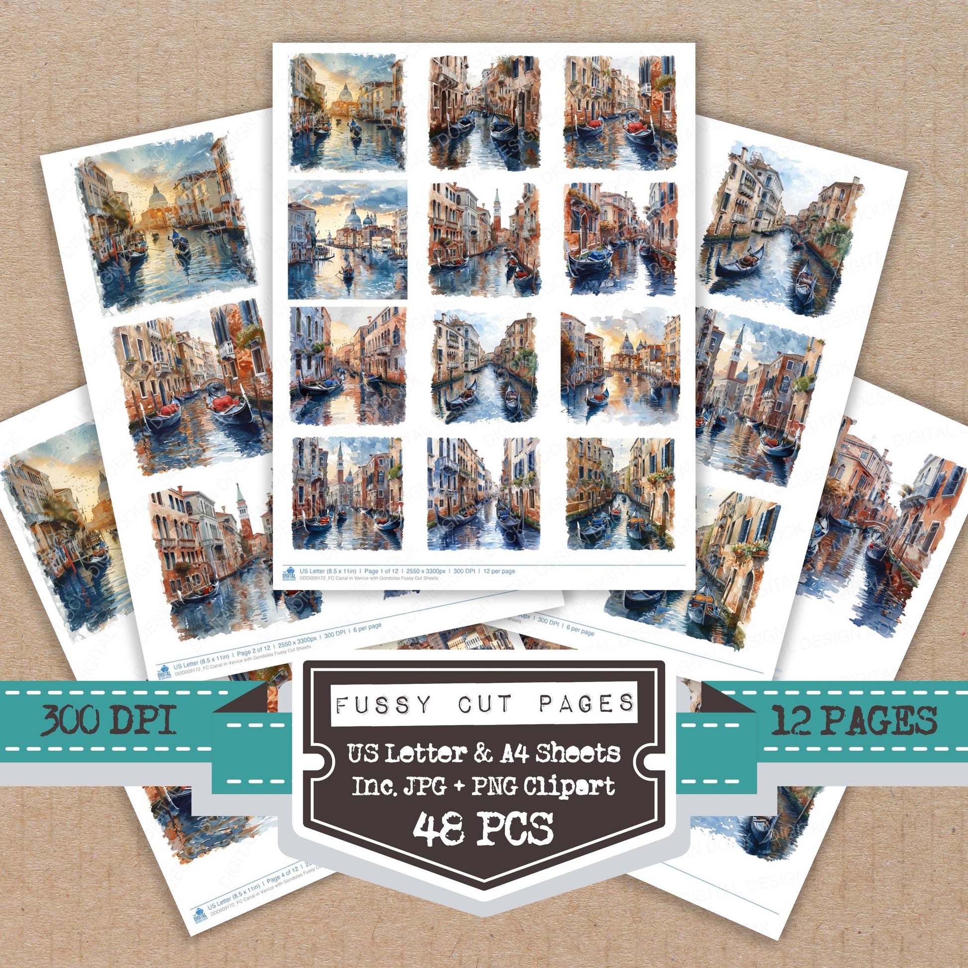 Canal in Venice with Gondolas fussy cut printable sheets for junk journaling, scrapbooking, and paper craft projects
