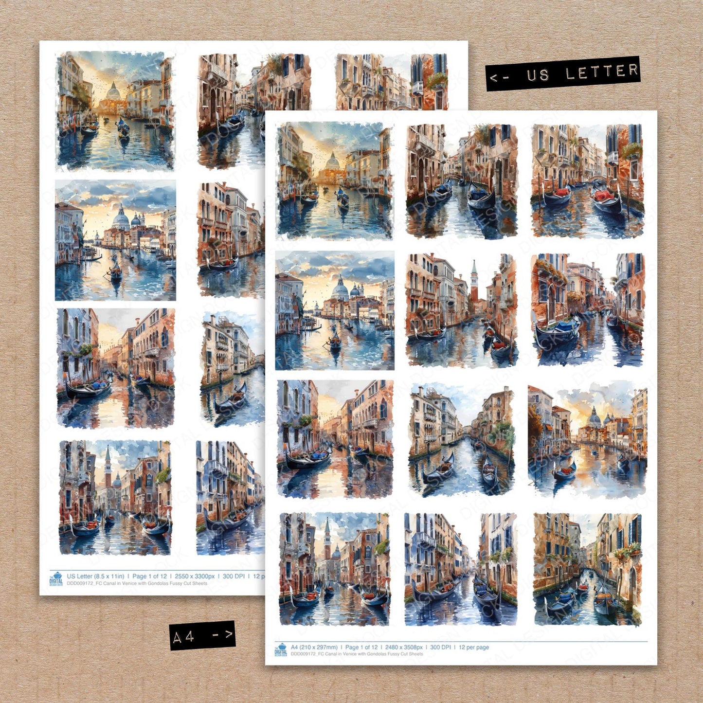 A4 and US Letter format comparison showing Canal in Venice with Gondolas fussy cut pages for print and cut crafting