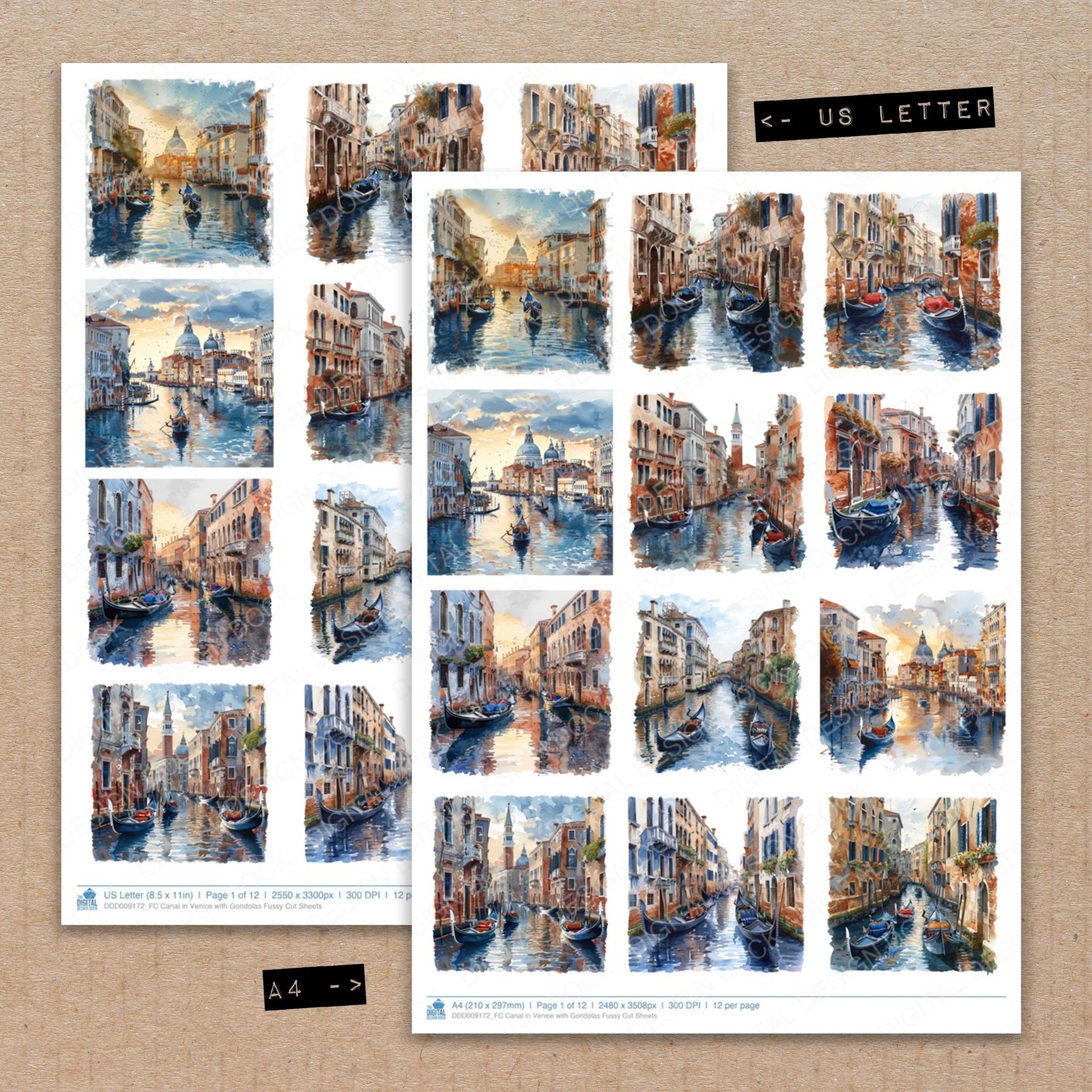 A4 and US Letter format comparison showing Canal in Venice with Gondolas fussy cut pages for print and cut crafting