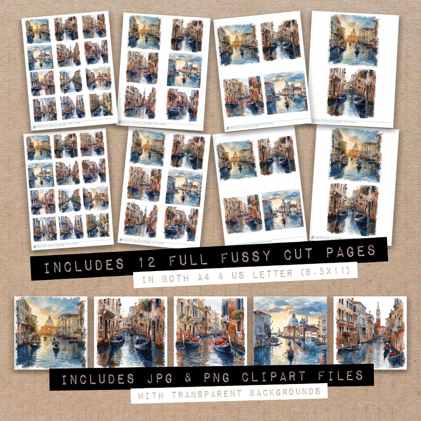 Full collection view of Canal in Venice with Gondolas fussy cut sheets with bonus clipart JPG and PNG files