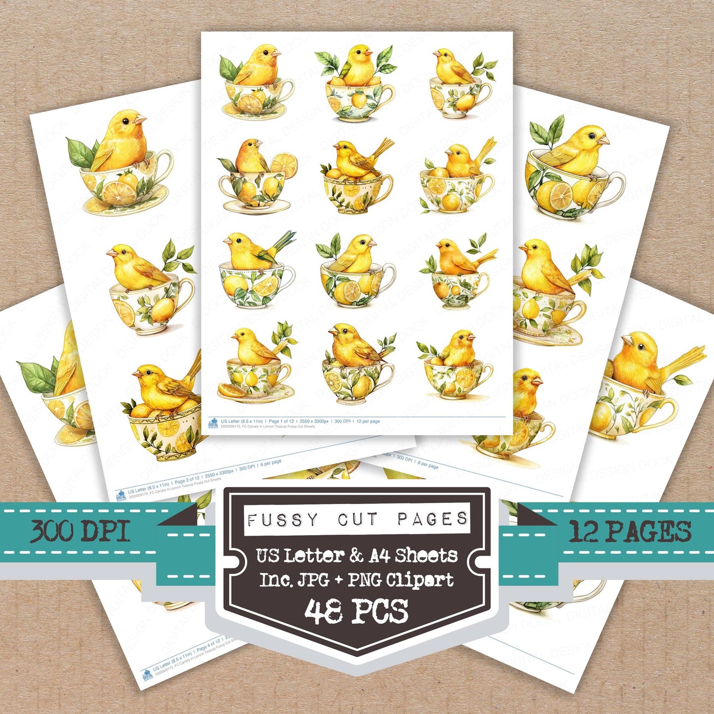 Canary in Lemon Teacup fussy cut printable sheets for junk journaling, scrapbooking, and paper craft projects