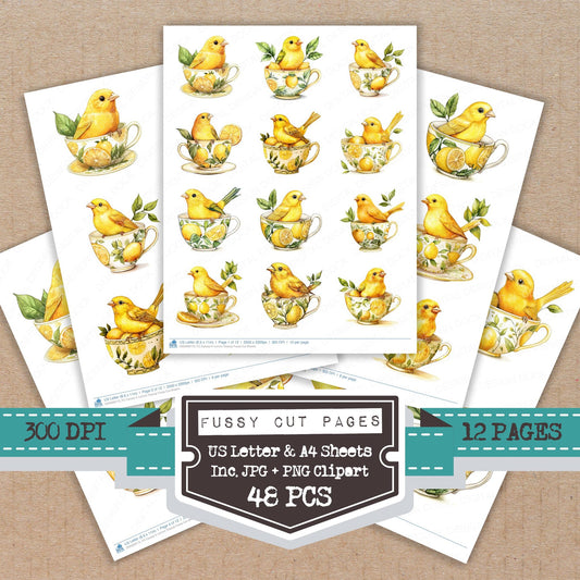 Canary in Lemon Teacup fussy cut printable sheets for junk journaling, scrapbooking, and paper craft projects