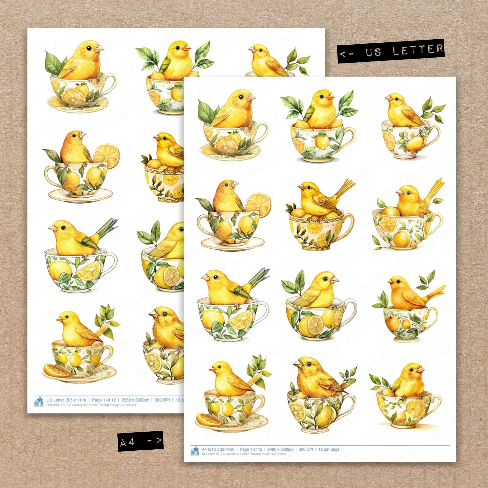 A4 and US Letter format comparison showing Canary in Lemon Teacup fussy cut pages for print and cut crafting