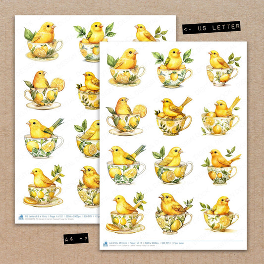 A4 and US Letter format comparison showing Canary in Lemon Teacup fussy cut pages for print and cut crafting