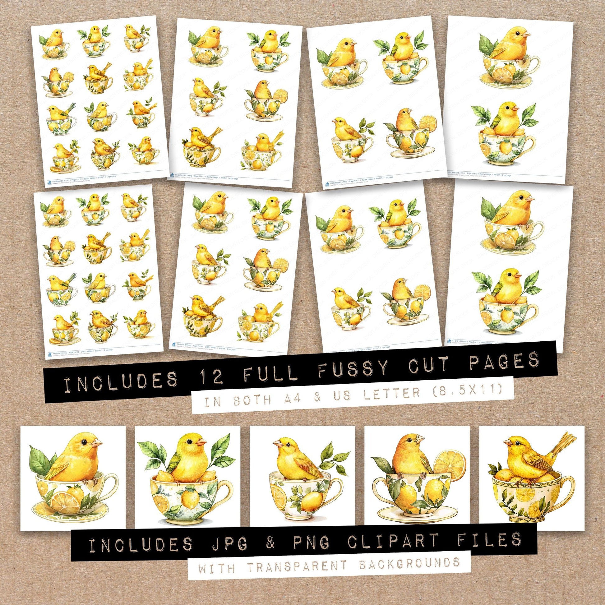 Full collection view of Canary in Lemon Teacup fussy cut sheets with bonus clipart JPG and PNG files