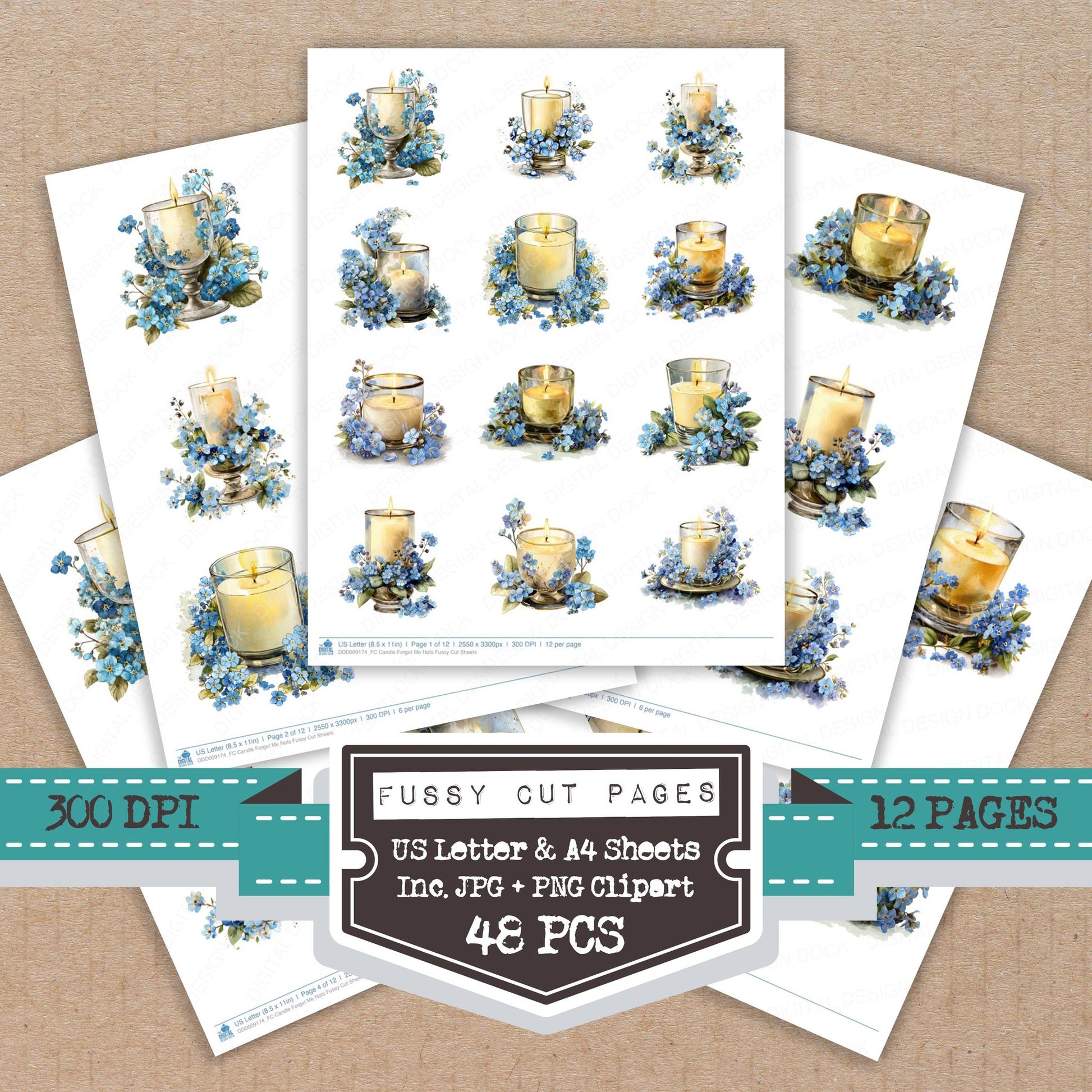 Candle Forget Me Nots fussy cut printable sheets for junk journaling, scrapbooking, and paper craft projects