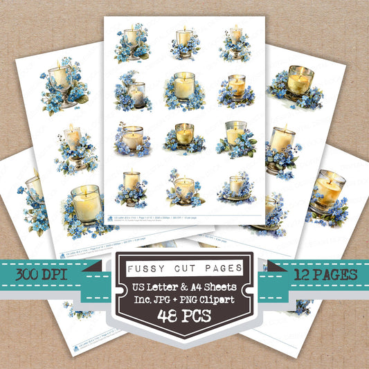 Candle Forget Me Nots fussy cut printable sheets for junk journaling, scrapbooking, and paper craft projects