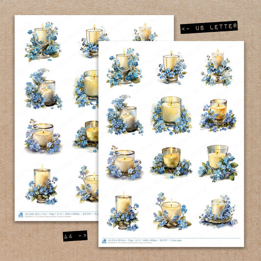 A4 and US Letter format comparison showing Candle Forget Me Nots fussy cut pages for print and cut crafting