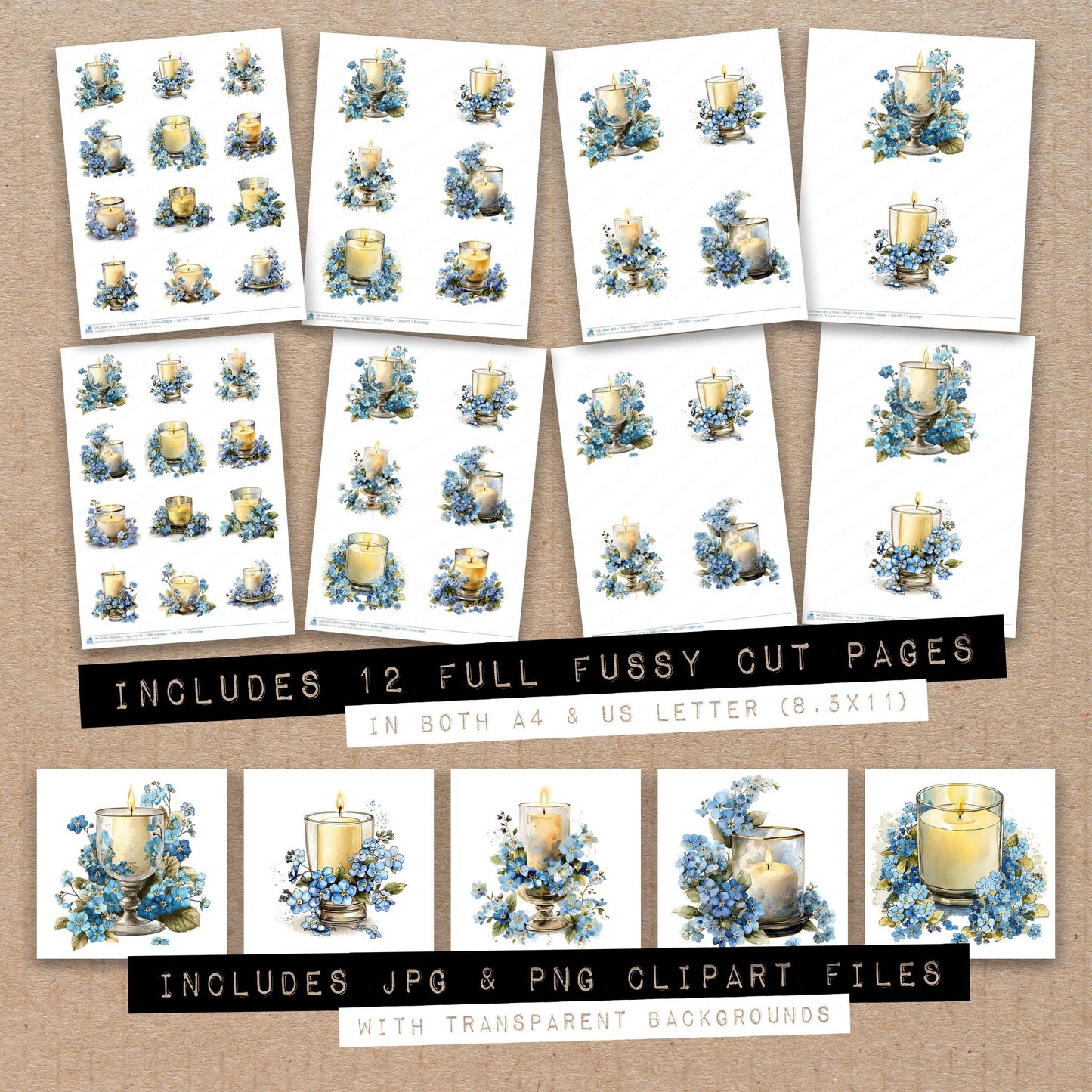 Full collection view of Candle Forget Me Nots fussy cut sheets with bonus clipart JPG and PNG files