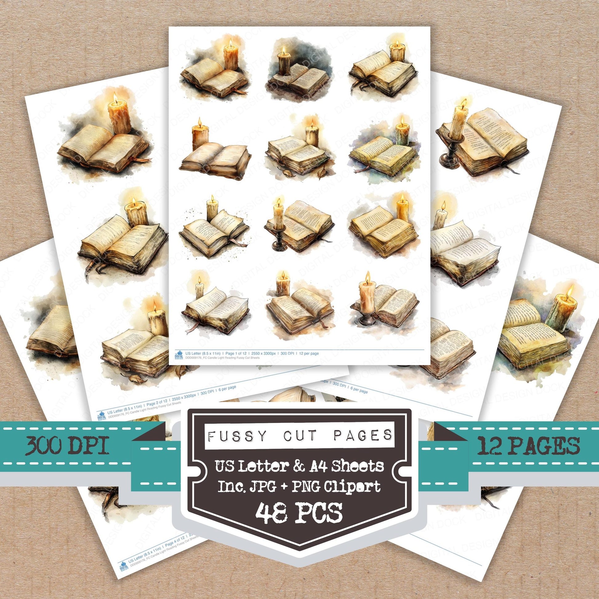 Candle Light Reading fussy cut printable sheets for junk journaling, scrapbooking, and paper craft projects