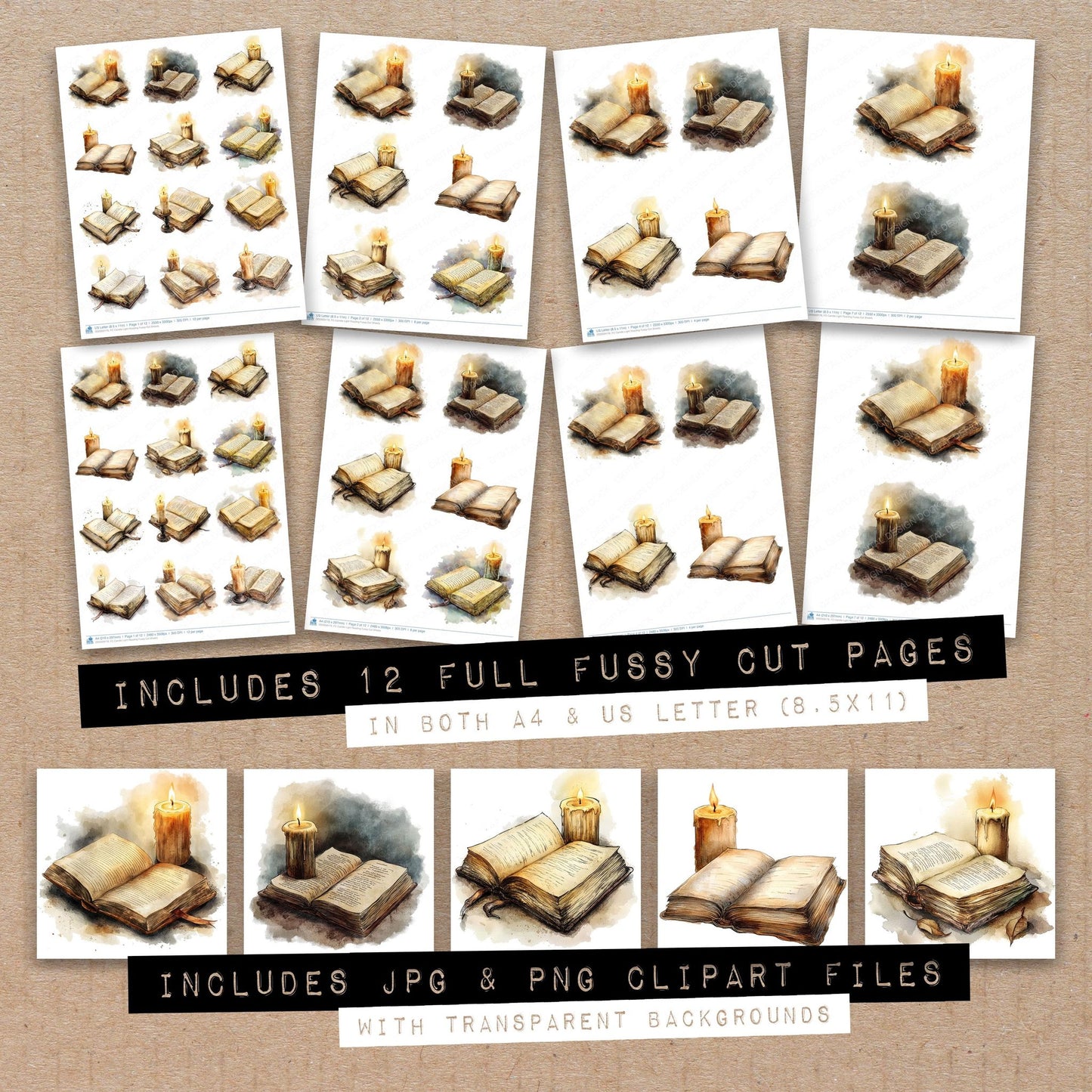 Full collection view of Candle Light Reading fussy cut sheets with bonus clipart JPG and PNG files