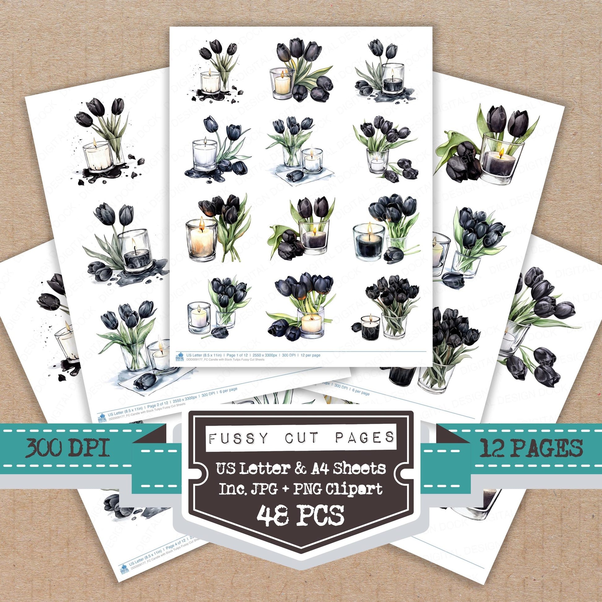 Candle with Black Tulips fussy cut printable sheets for junk journaling, scrapbooking, and paper craft projects