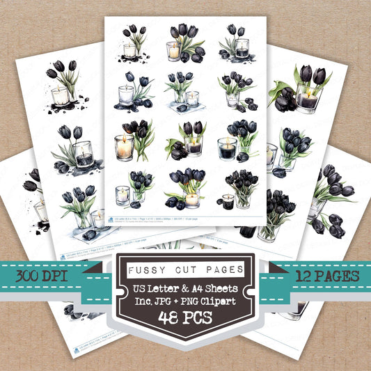 Candle with Black Tulips fussy cut printable sheets for junk journaling, scrapbooking, and paper craft projects